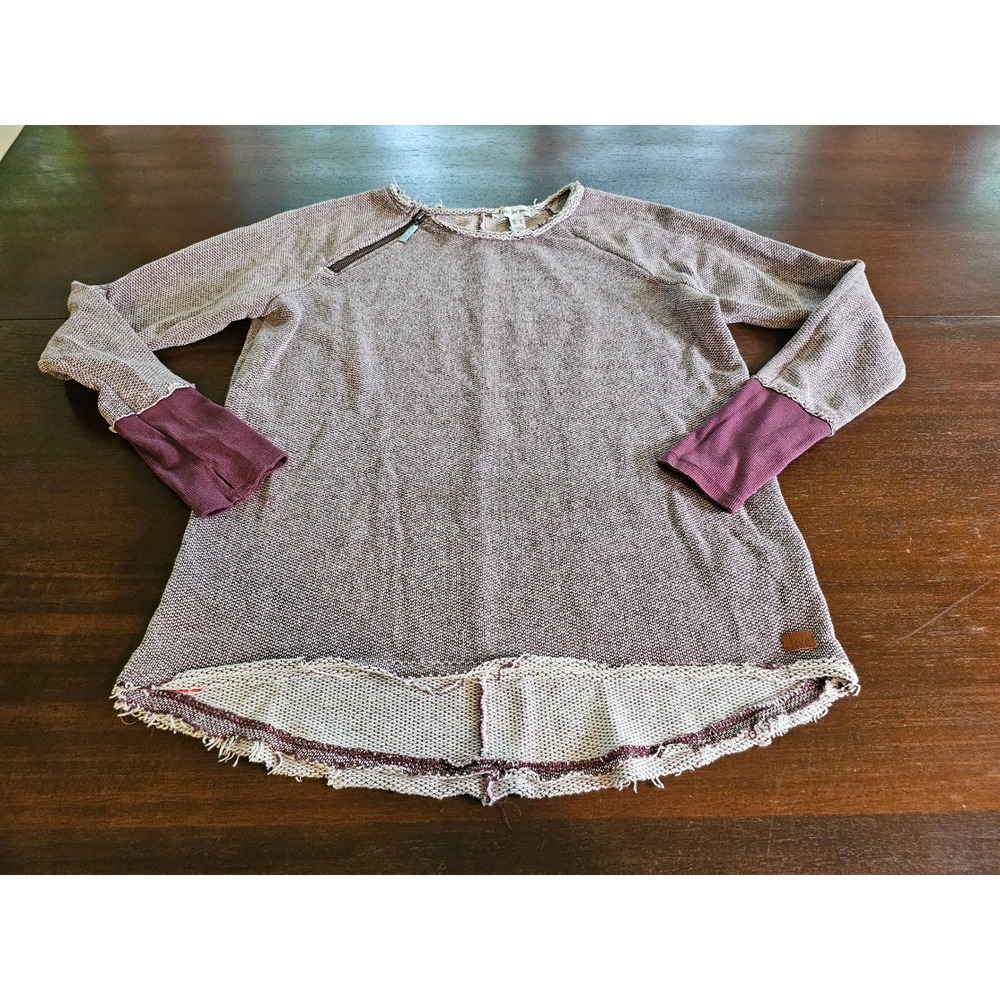 Peace Love World Thermal Top Womens S Burgundy Raw Hem Thumbhole Zip Shoulder